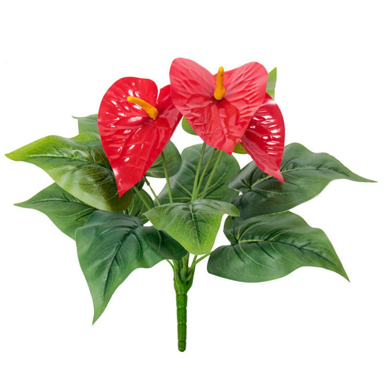 Artificial red anthurium potted plant featuring vibrant artificial flowers with glossy red petals and green leaves.