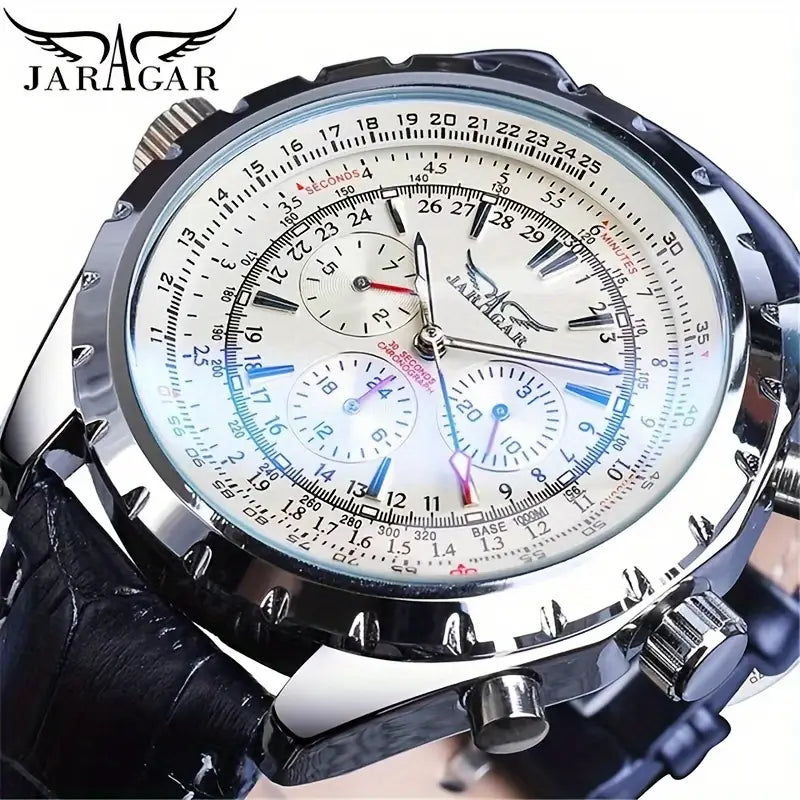 Jaragar mechanical stainless steel men’s chronograph watch with silver-toned case, black leather strap, and multi-layered white dial with blue and red accents.