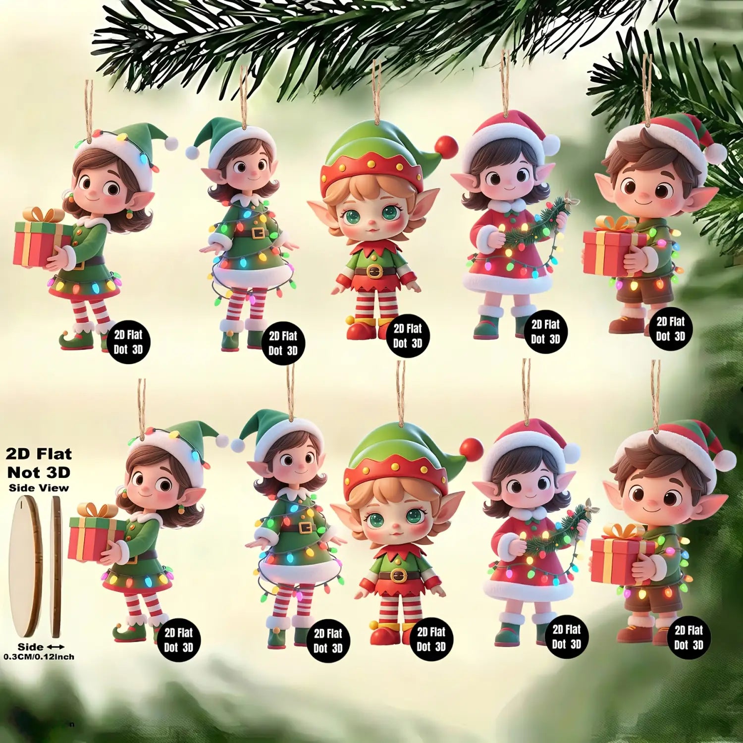 Conjunto de diez adornos de árbol de Navidad de duende de madera con vestimenta festiva de colores y luces LED para una decoración celebratoria