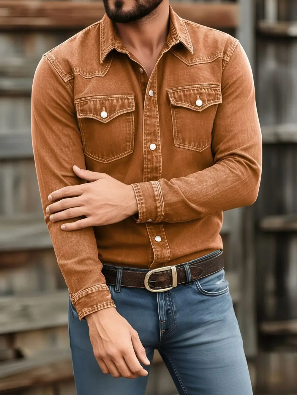 Men’s vintage denim shirt in rust color with long sleeves white buttons and two chest pockets designed for casual workwear.