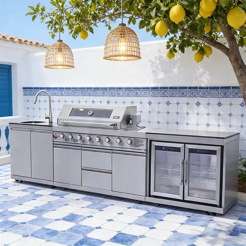Outdoorkücheninsel und Grill-Set aus Edelstahl mit einem Edelstahlerdgaskgrill mit mehreren Bedienknöpfen sowie einem eingebauten Waschbecken vor einer gefliesten Rückwand.