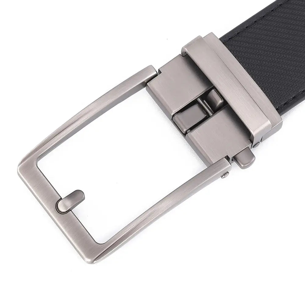 Automatic buckle leather mens belt featuring a silver-toned metal buckle with a sleek rectangular design and a black textured leather strap.