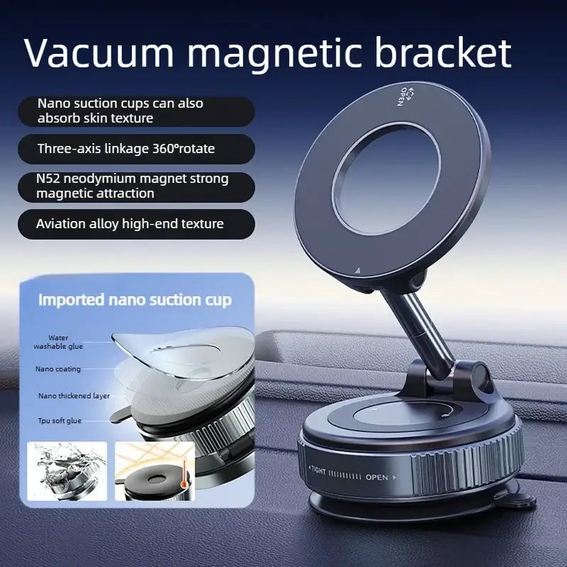 Black foldable magnetic car phone holder with 360-degree rotation arm and n52 neodymium magnet for stable support