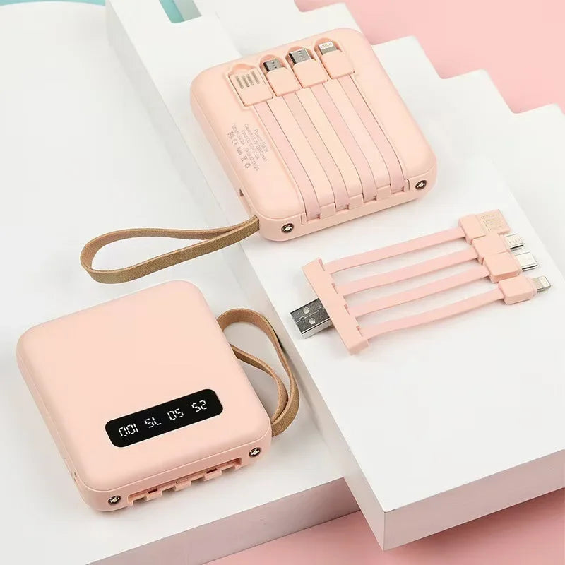 Portable 20W Power Bank Built-in 4 Cables Digital Display Mini External Battery with Lanyard Travel Charger for IPhone Huawei