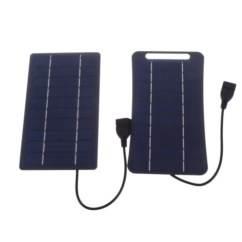 portable solar panel usb charging with two dark blue panels featuring white grid lines and black cables for hiking to stay connected