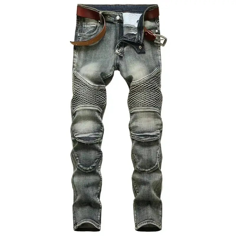 jeans de moto pour hommes, coupe slim délavée, en denim gris, avec mesh renforcé et pièces en cuir sur les genoux