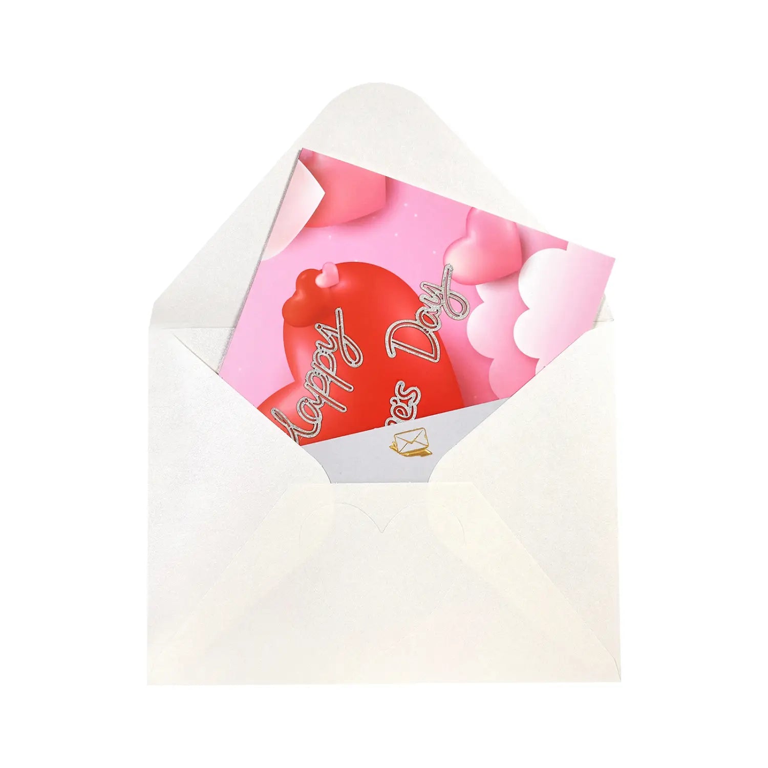 Carte de la Saint-Valentin 3D à effet pop-up rose pour salutations romantiques en couple, avec un cœur rouge et un texte blanc en écriture cursive à l’intérieur d’une enveloppe blanche ouverte.