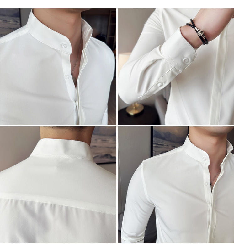 white slim-fit men dress shirt with stand collar and buttoned cuffs designed for formal occasions ensuring correct size and style.