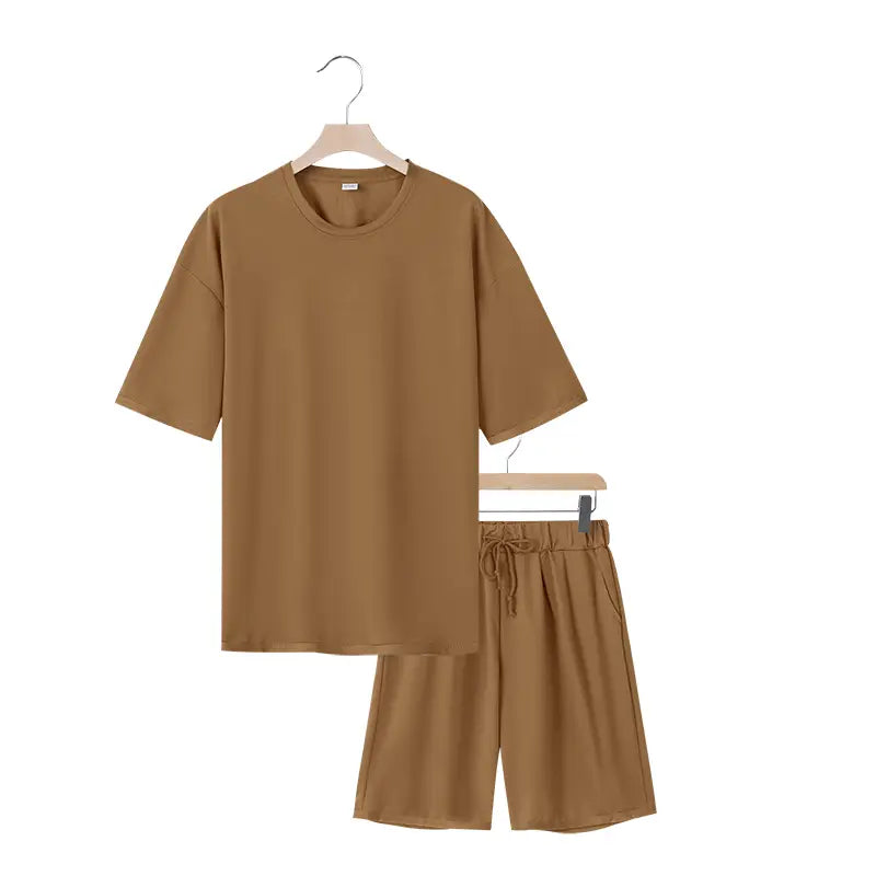 Conjunto veraniego de dos piezas para hombre, camiseta casual y conjunto de pantalones cortos, en algodón color beige (tan), con parte superior de manga corta de ajuste holgado y pantalones cortos con cordón.
