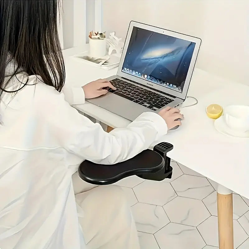 black ergonomic armrest extender clamp made of durable material designed for enhanced desk comfort and support