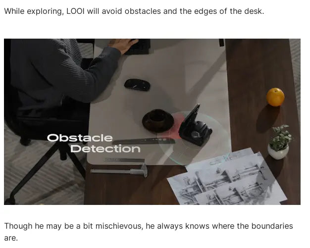 Bras robotique noir avec finition métallique élégante et articulations articulées sur une surface de bureau, présenté pour le robot intelligent Looi AI avec télécommande et batterie au lithium.
