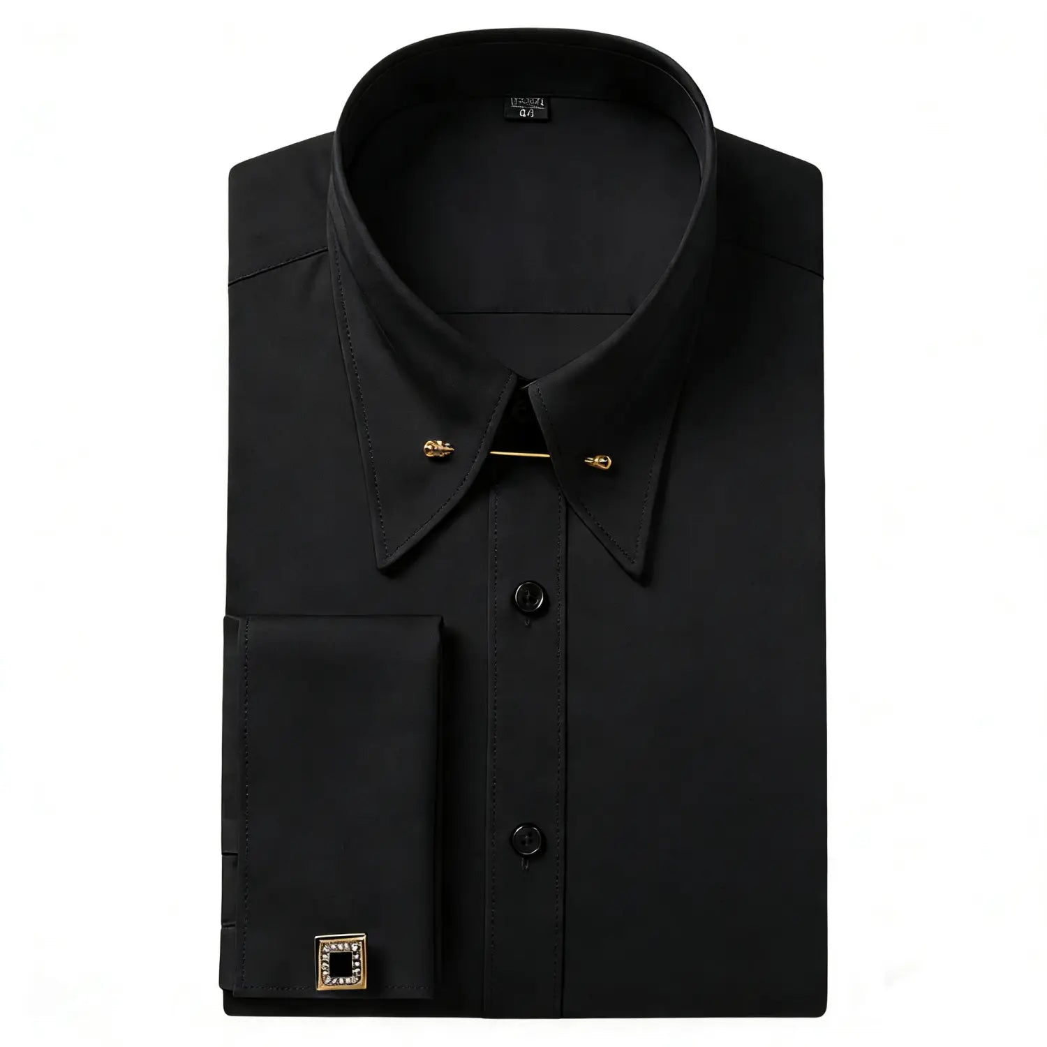 une chemise habillée classique à col français à poignets boutonnés en fibre de bambou noire pour homme, avec une broche de barre de col à tons dorés et des boutons de manchettes carrés