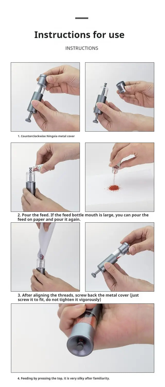 silver and black metal feeder mini inkjet cartridge with a cylindrical body, threaded top cap, and visible internal components designed for aquarium accessories small fish food dispenser