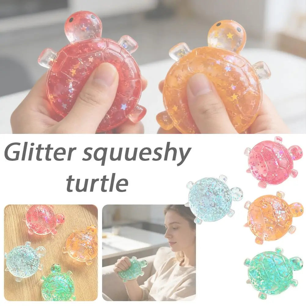 Schmückendes Knet-Quetsch-Schildkröten-Spielzeug in Pink und Orange mit Glitzerfüllung, mit klarer Plastikhülle, entworfen zur Stresslinderung und zum sanften Zusammendrücken