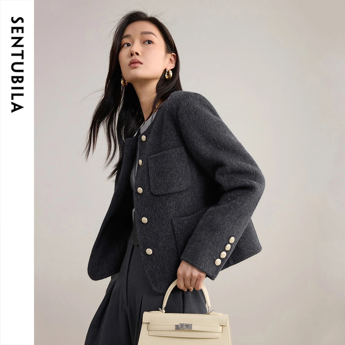 SENTUBILA Women's Sheep Wool Double Faced Overcoat Winter 2026 O-Neck Short Multi Color Optional Elegant Casual Tops W54OG8767