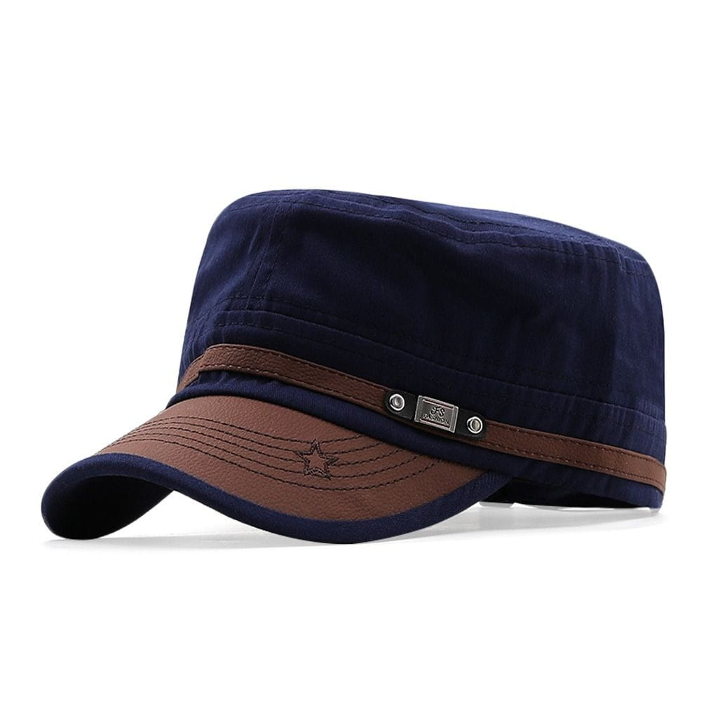 Navy blue and brown military cadet baseball cap with a stitched star emblem on the brim made of adjustable cotton hat.