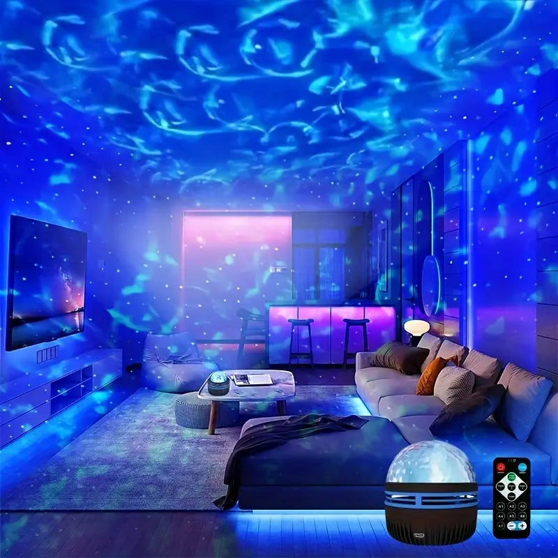 lampe de projection de boule disco bleu et blanc avec base noire et télécommande, conçue comme veilleuse pour des effets de ciel nocturne étoilé de la galaxie.