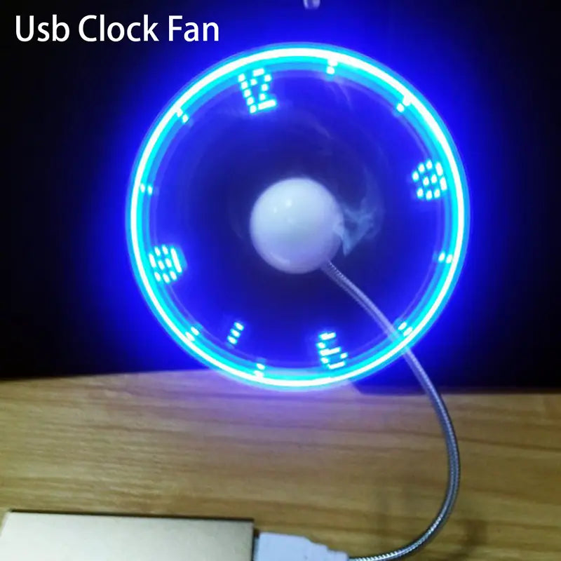 Ventilador de escritorio con reloj USB con LED azul, con diseño circular y marcadores horarios luminosos para uso portátil y flexible con ordenadores portátiles