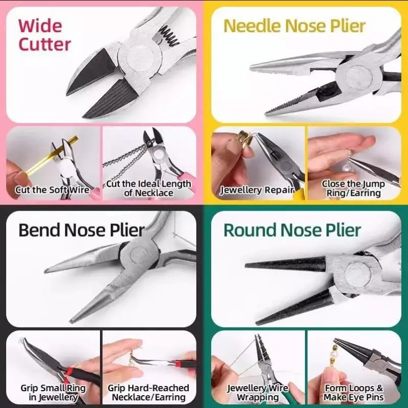 Ensemble de quatre pinces à bijoux pour le travail et les réparations, finition chromée et poignées noires, comprenant des types de coupe large, pince à aiguille, bec coudé et bec rond.