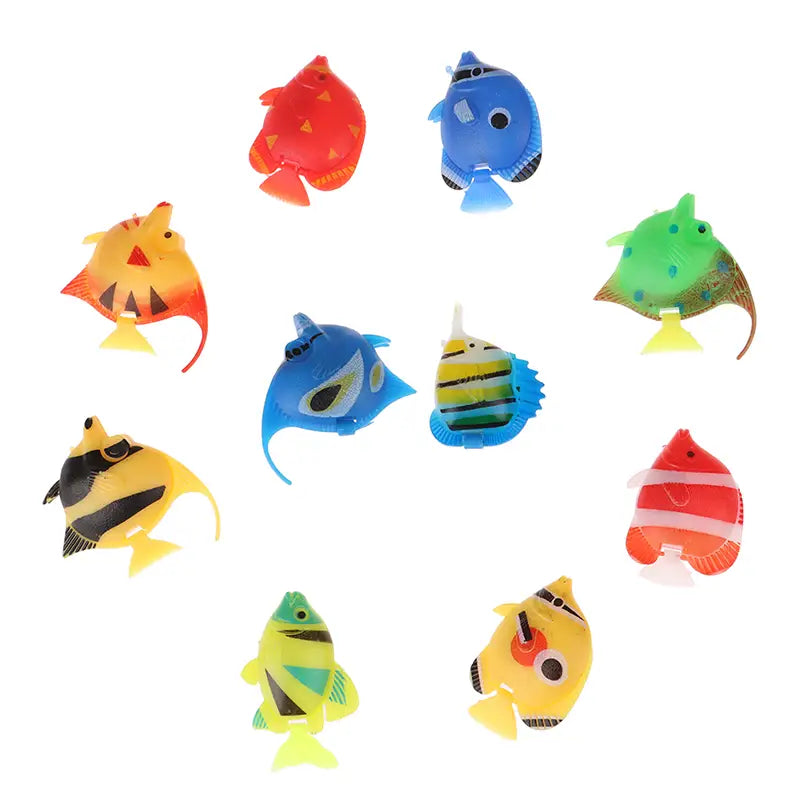 a set of colorful plastic floating fish aquarium fish toys with varied patterns and designs in a 10 pack for aquarium decors