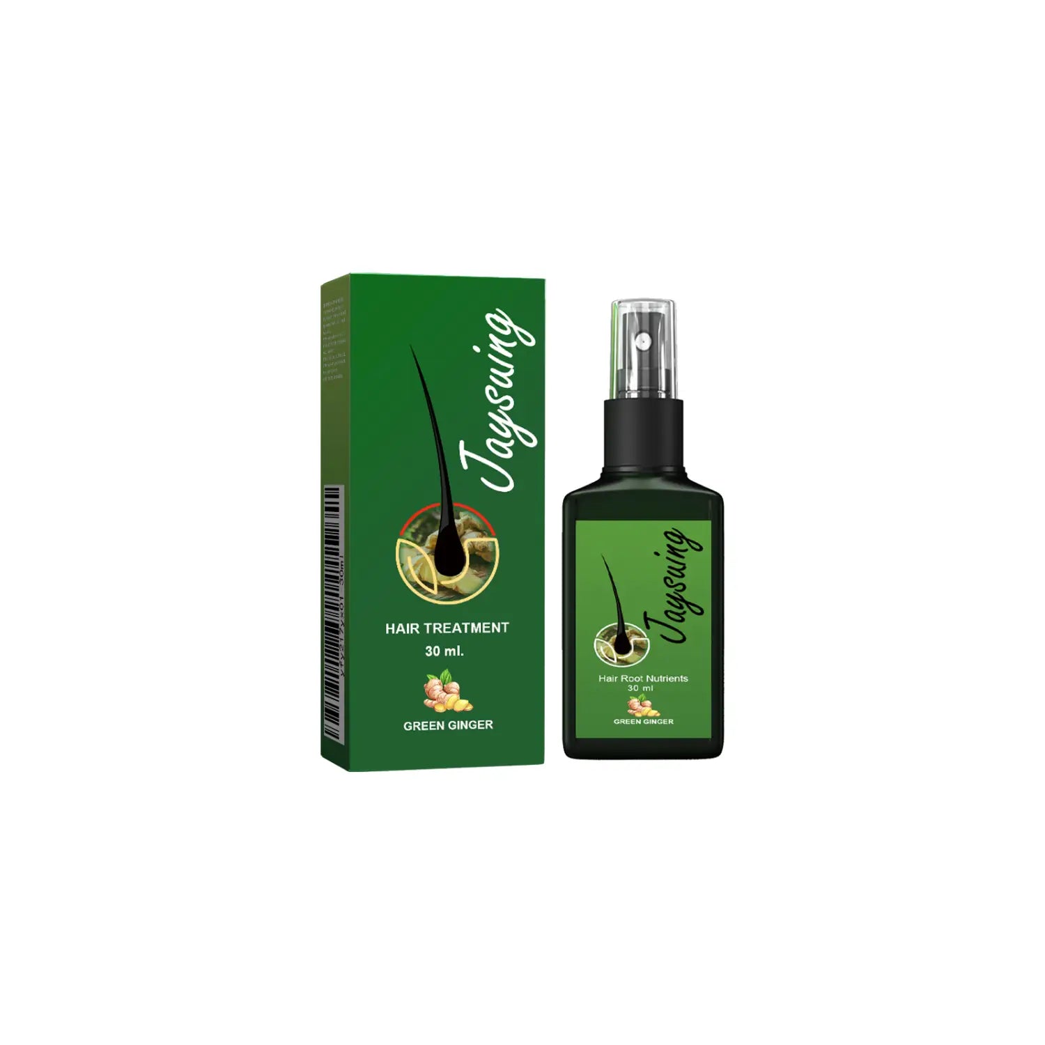 Spray de crecimiento para el cabello con jengibre verde para el cuidado del cabello en un frasco negro elegante con tratamiento nutritivo para el cuero cabelludo en un embalaje verde a juego de 120 ml