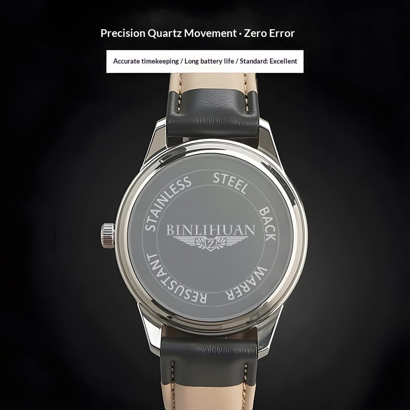 silver-toned mens quartz leather watch with stainless steel case and black leather strap showing engraved branding on the back side designed for waterproof business use.