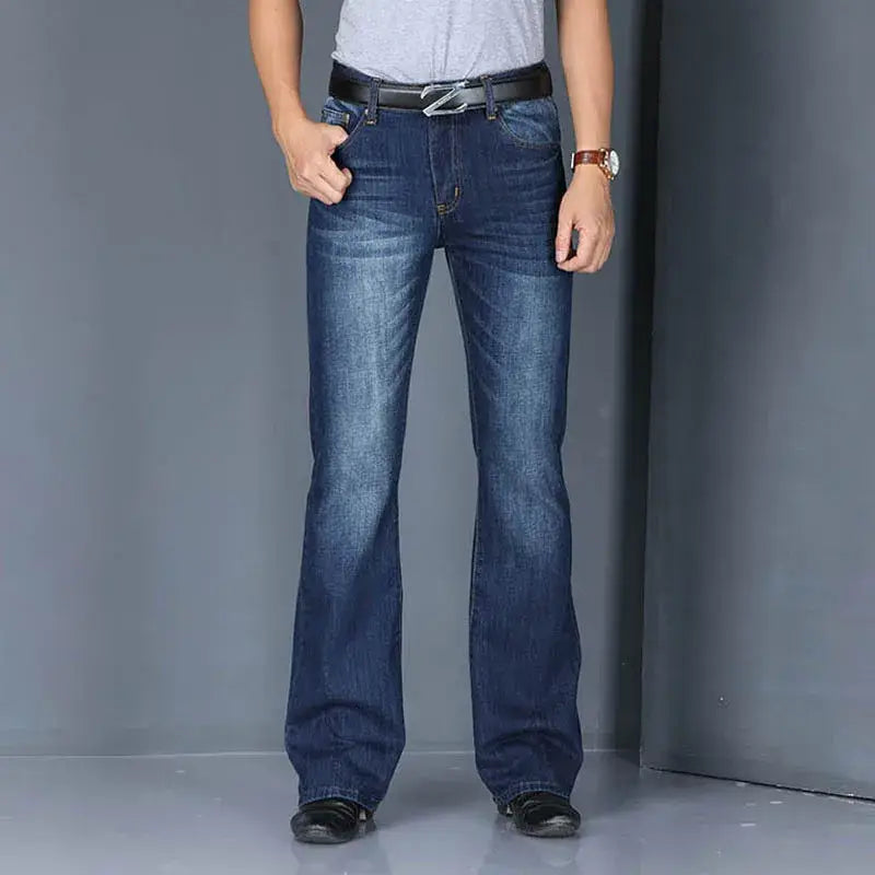 Dark blue denim men’s flared jeans bootcut casual pants with classic stitching details.