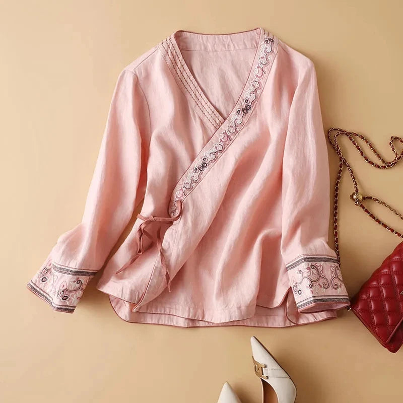 Women Ethnic Style Linen Cotton Blouse Summer Embroidered Wrap Top 3/4 Sleeve Tie Waist Loose Breathable Retro Casual Daily Wear