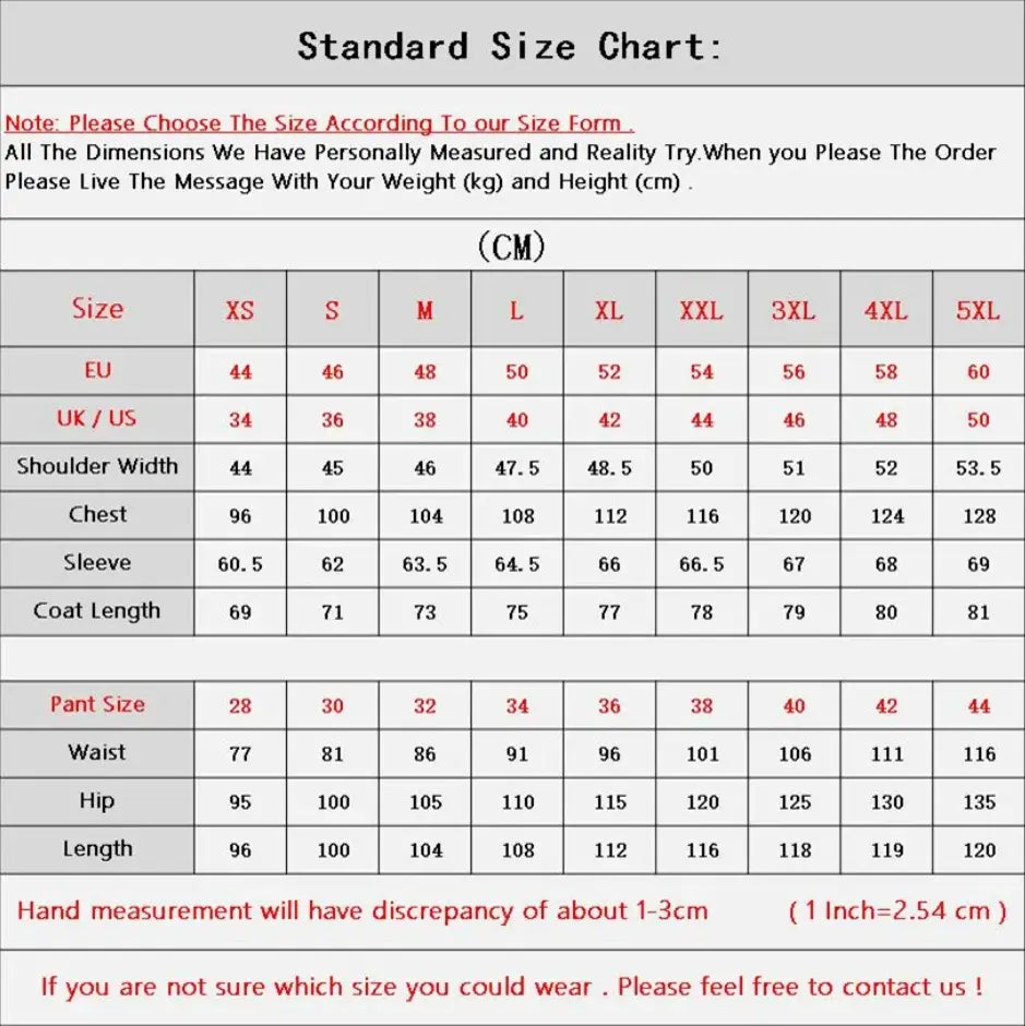 Standard size chart in centimeters for premium men’s suit three piece tuxedo detailing closure type and sizing across regions.