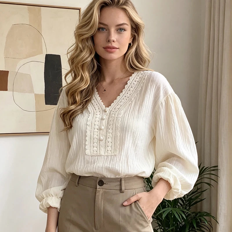 Women's Shirt Summer Loose Long Sleeve Women's Blouse Office Lady Elegant White Tops V-neck Casual Lantern Sleeve Female Shirts