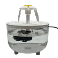 Clear plastic pet water dispenser with white base and yellow top featuring a waterfall design front view