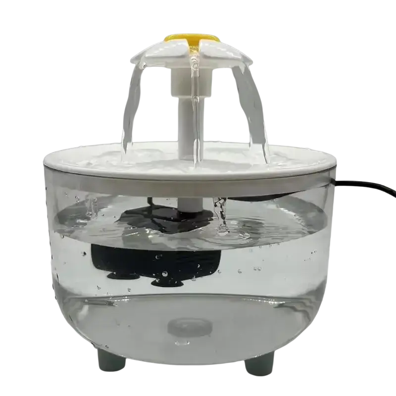 Clear plastic pet water dispenser with white base and yellow top featuring a waterfall design front view