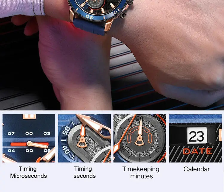 Megir men chronograph quartz sport watch in blue and rose gold with a textured dial date display and multiple timing functions.