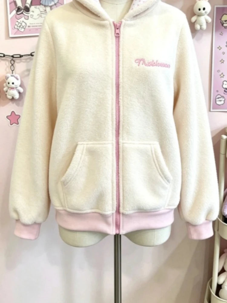 Japanese Sweet Kawaii Hoodies Jackets Women Bear Ear Hooded Zipper Sweatshirts Autumn Winter Fashion Casual Cute Hoodie Tops