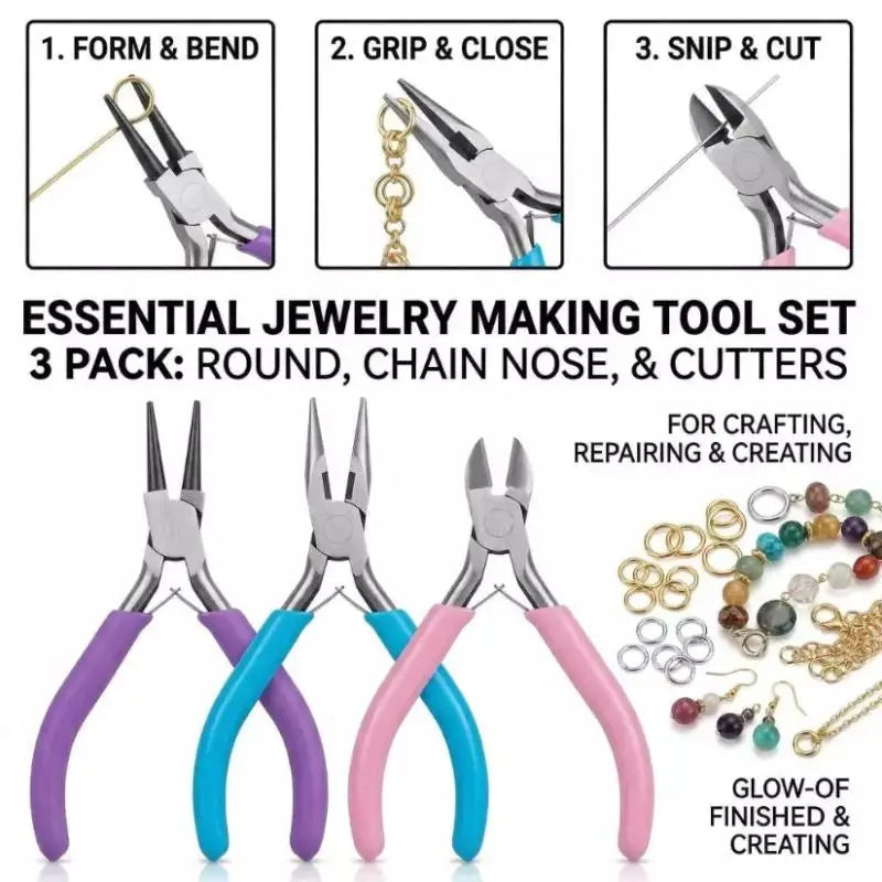 Ensemble de trois pinces à bijoux à poignées colorées avec des têtes métalliques comprenant une pince à bec rond, une pince à bec chaîne et des coupe-fils pour le travail et les réparations.
