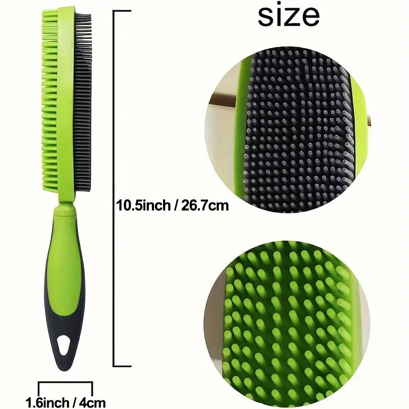Green and black dual-sided silicone pet hair remover brush with soft bristles for effective fur removal.