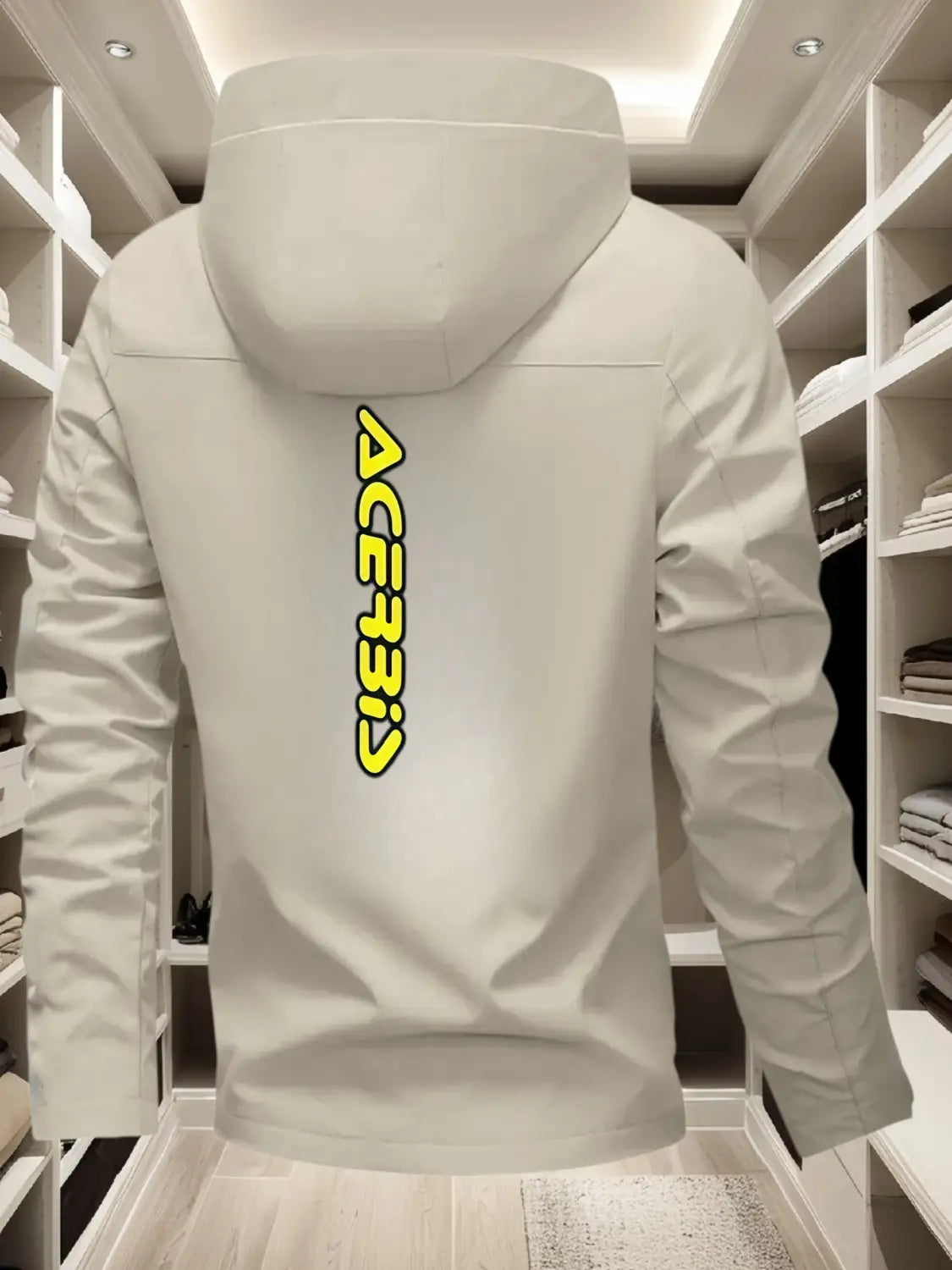 A light gray men off road hooded jacket windproof casual outerwear showing the back side with a bold vertical yellow ace3315 logo.