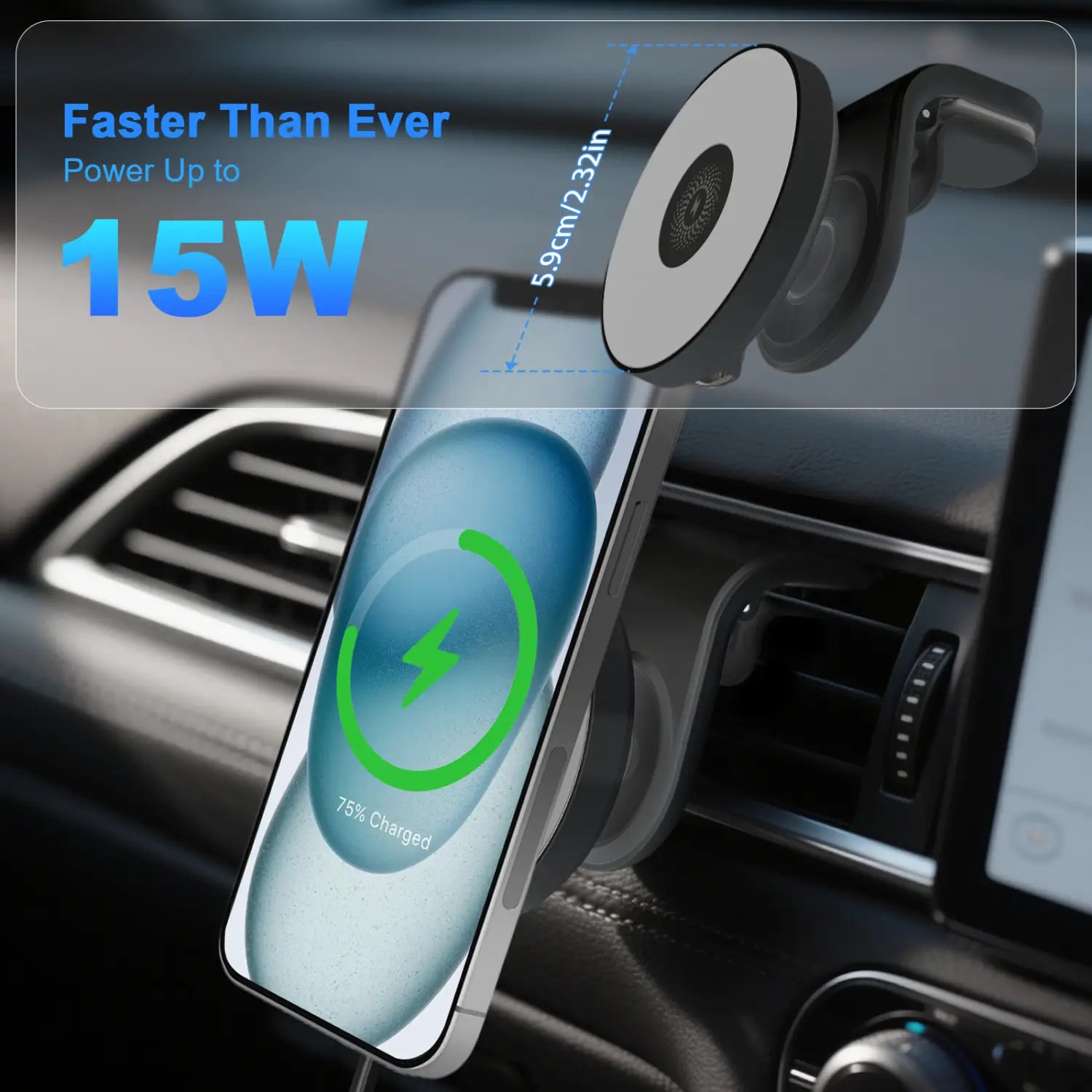 A sleek black and silver 15w wireless charger with a magnetic suction mount designed for fast charging in cars as a car wireless phone mount.