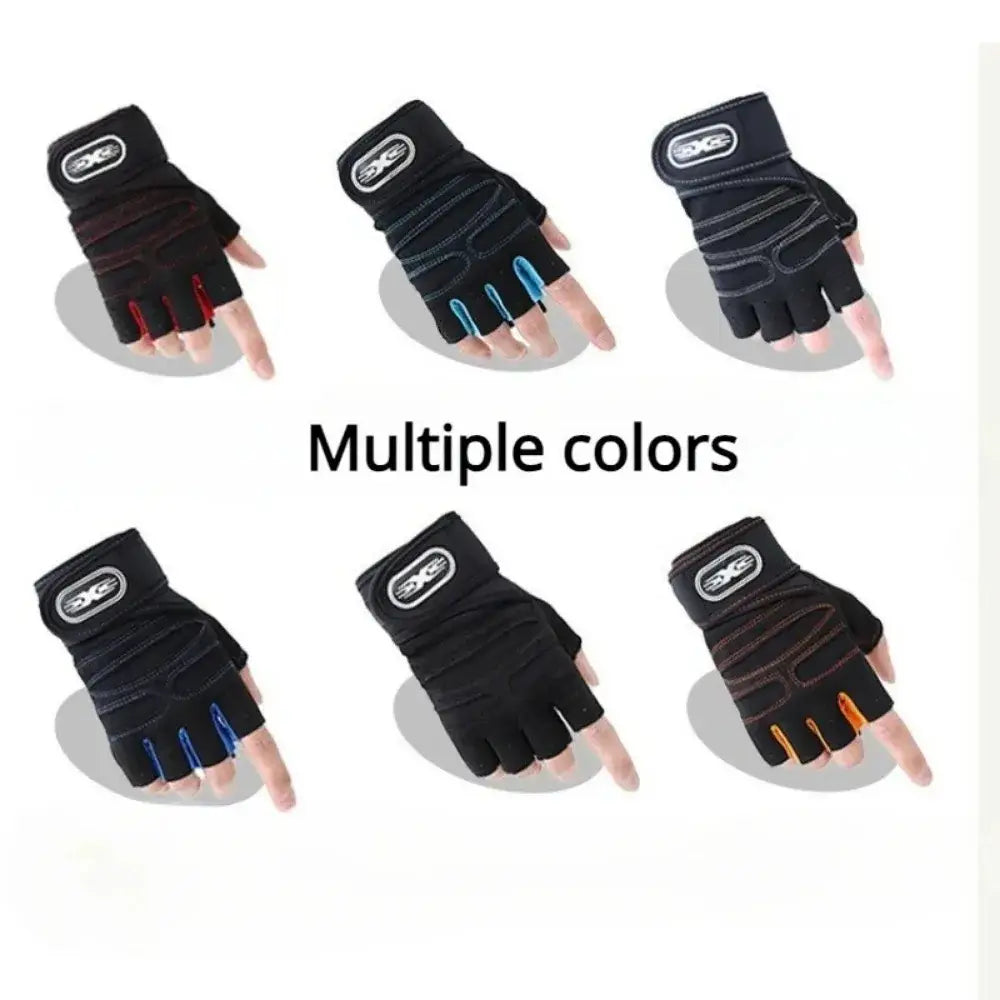black fingerless workout gloves with wrist support featuring reinforced palm and wrist areas and colorful accent stitching in red blue or orange on the fingertips.