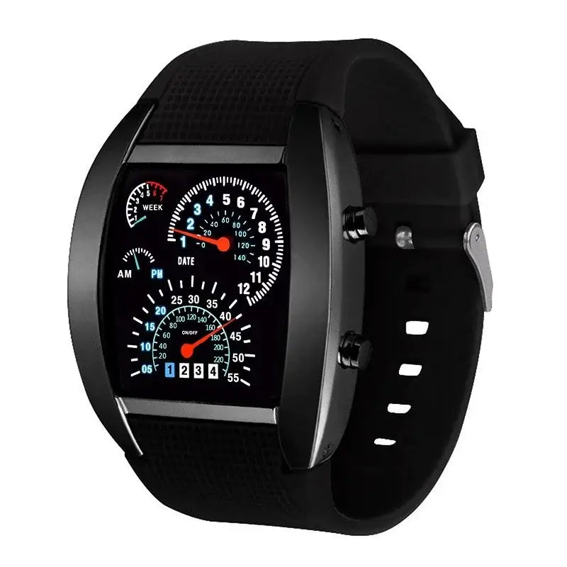 Reloj digital deportivo negro con correa de aleación y correa deportiva de caucho; presenta múltiples esferas estilo analógico y un cierre seguro tipo hebilla de gancho, resaltando el material de la banda resistente y el uso multifuncional.