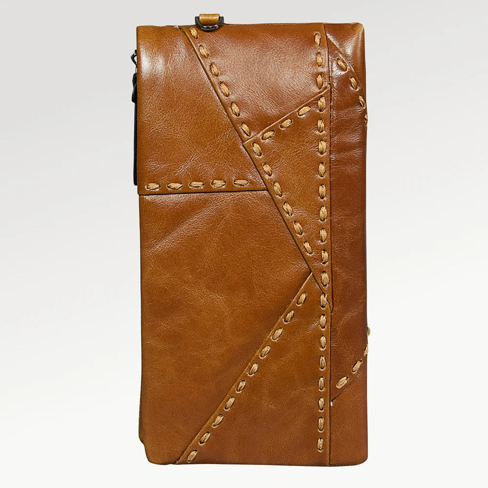 100% Genuine Leather Wallet Men Long Vintage Portomonee Cowhide Purse Women Wristlet Wallets Green Phone Bag Punk Purse
