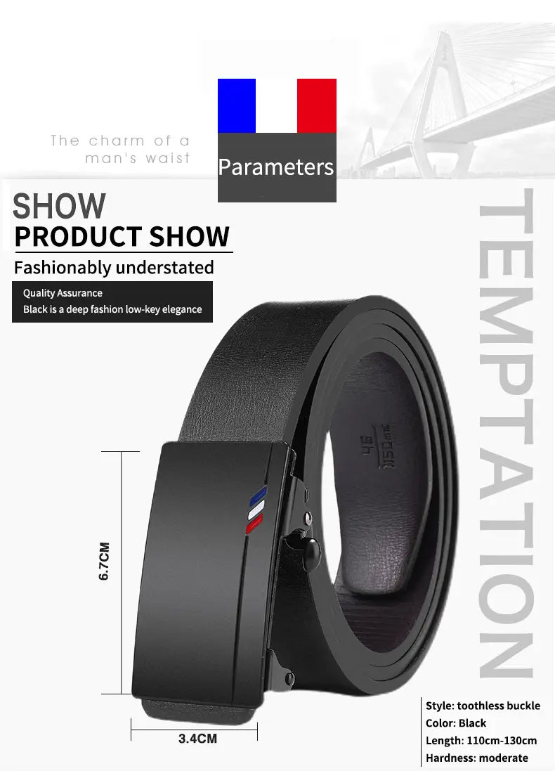 Men leather automatic buckle belt in black leather with a sleek toothless buckle and subtle red and blue stripe accent.