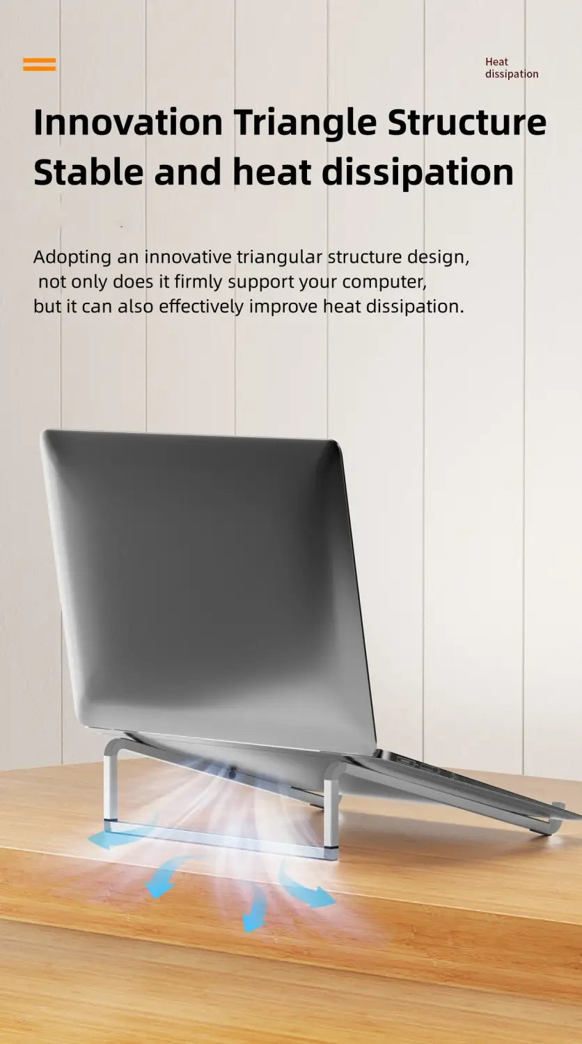 soporte triangular para portátil de aluminio en plata con diseño minimalista elegante ofrece un soporte estable y una disipación de calor eficiente para un uso ergonómico ajustable.