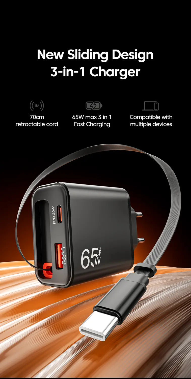 Cargador rápido para teléfono en color negro con cable retráctil y múltiples puertos USB, con función de carga 3 en 1 para un uso versátil.