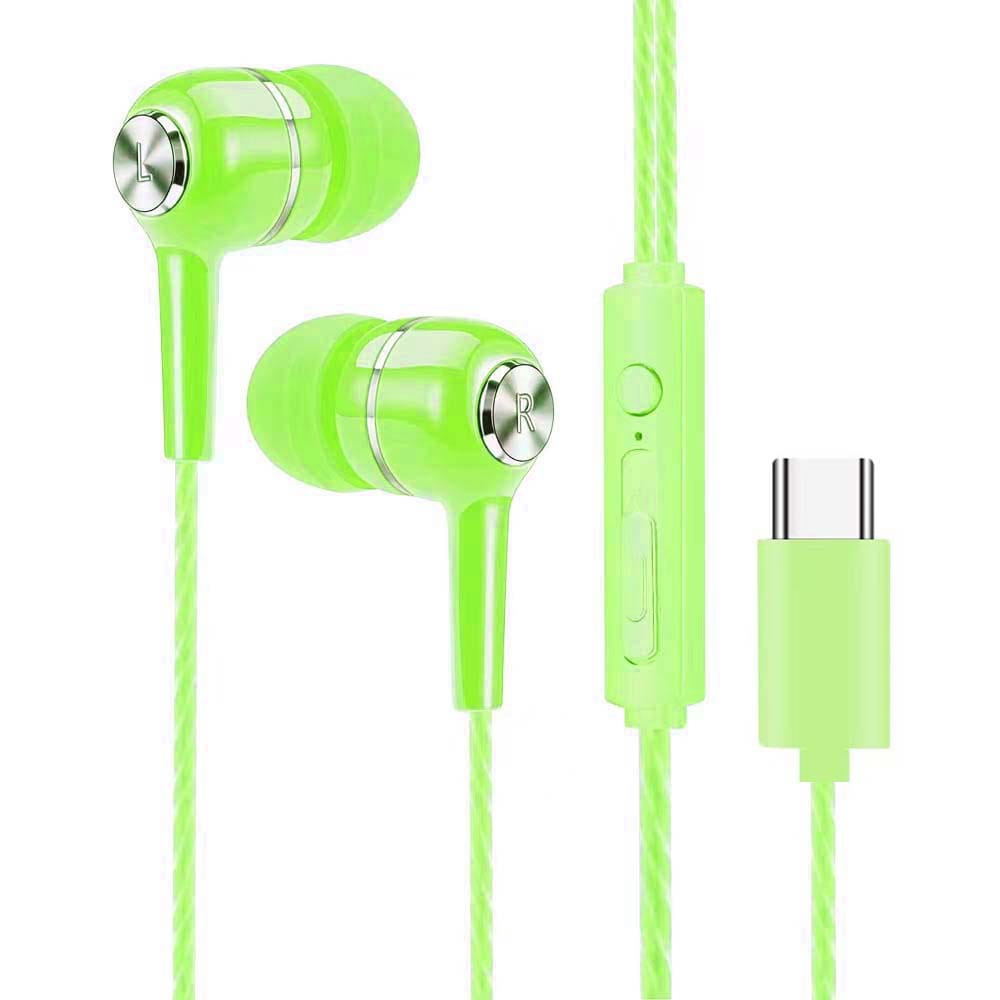 écouteurs filaires intra-auriculaires pour téléphone mobile vert citron, avec marqueurs d’embout argentés métalliques et câble de charge usb-c assorti avec microphone