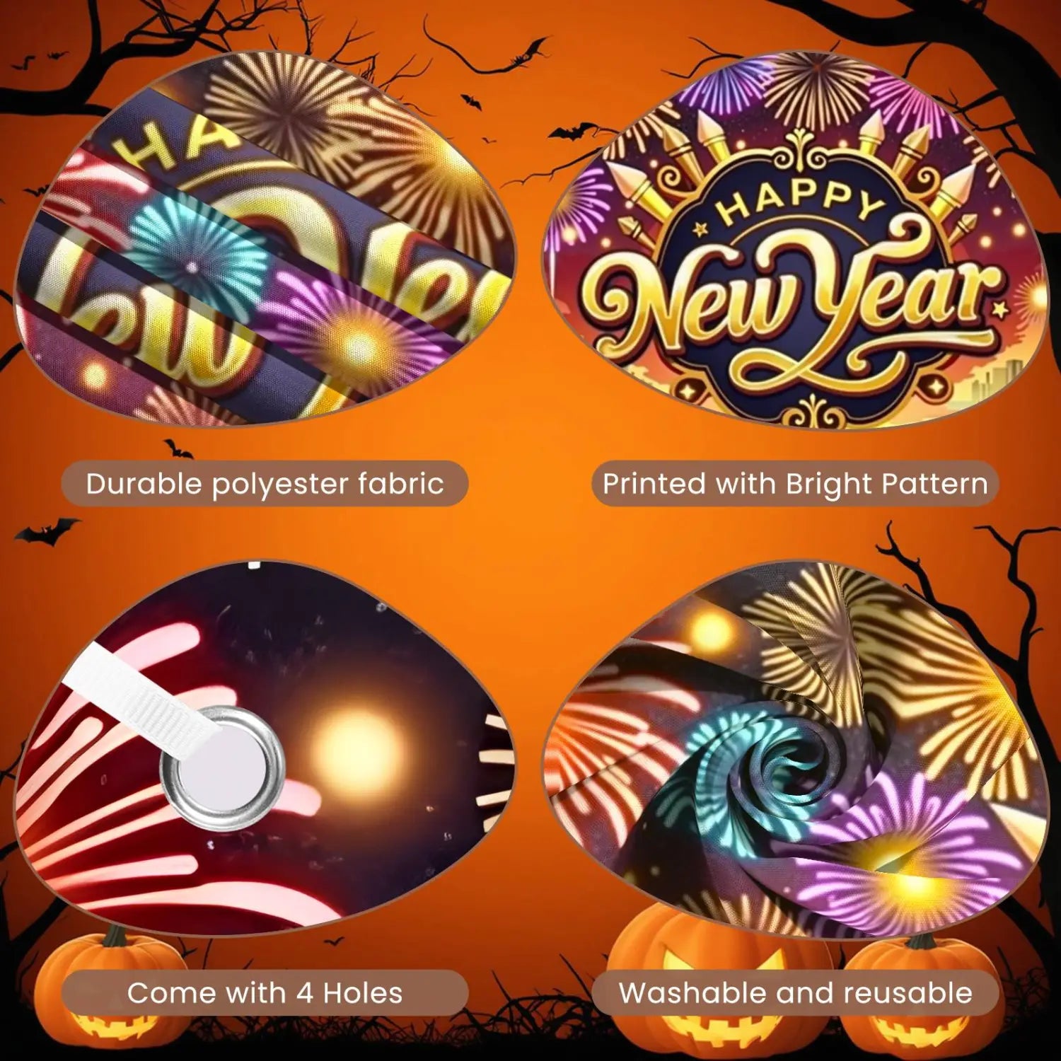 Abanico de mano temático de Halloween con tela de poliéster impresa y vibrante, que presenta fuegos artificiales festivos y diseños de feliz año nuevo para decoración de fondo de fiesta de Año Nuevo de 2026.