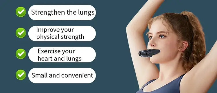 A woman wearing a black mouthpiece device for respiratory training designed to improve lung fitness.