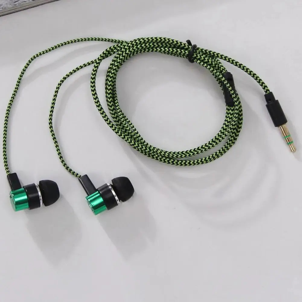 green and black bass stereo in ear wired headphones with braided cable design for enhanced durability