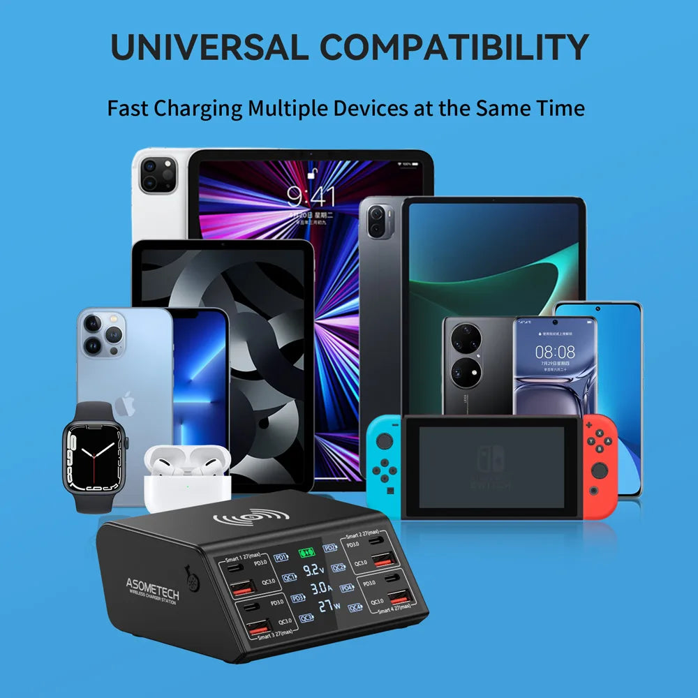 100W QC PD3.0 USB Charger Wireless Chargers Quick Charge 8 Port Charger Fast Charger Charging Station  For IPhone 12 13 Xiaomi