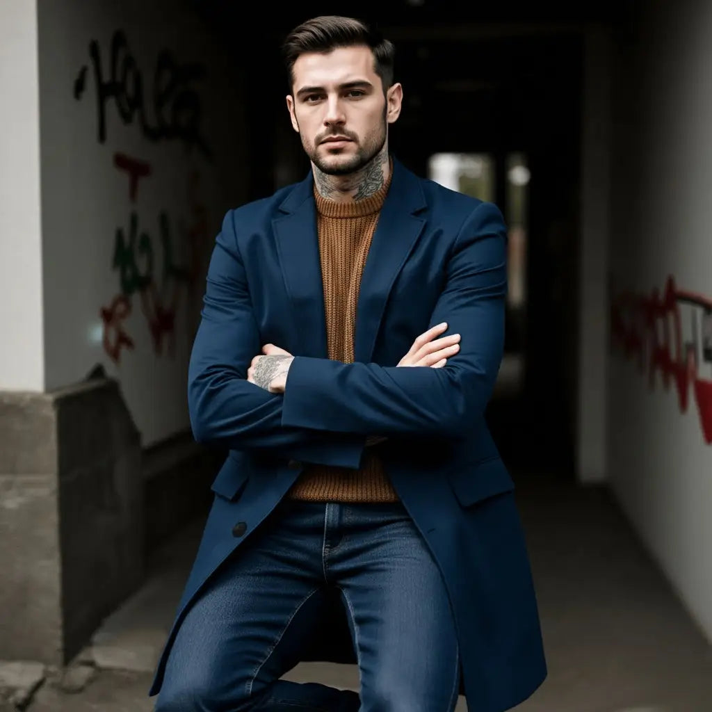 Manteau d’hiver en laine pour homme bleu marine, à simple boutonnage, taille ajustée, revers structuré et design épuré.